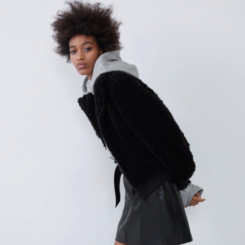 NWT Zara Black Fleece Sherpa Bomber High Collar SZ SMALL - Picture 4 of 13